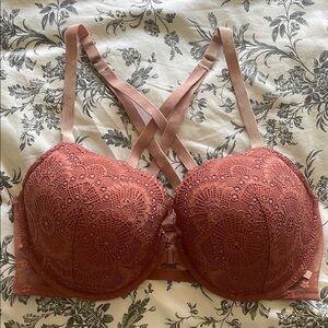 Victorias Secret front close Lace Cross-Back Bra in Rust